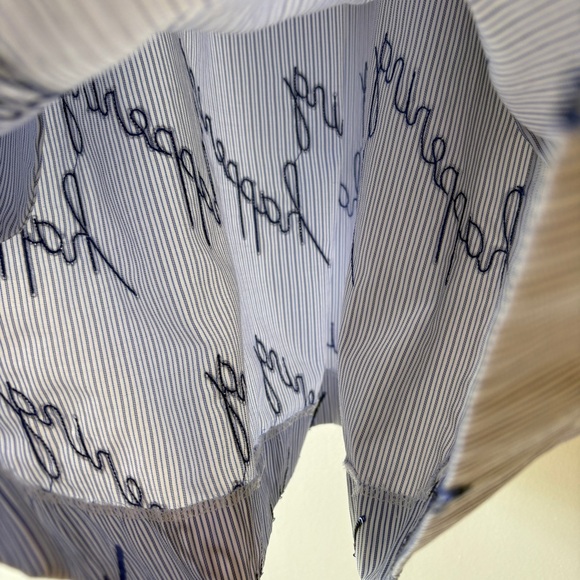 Sandro Bleu Ciel Mini Shirt Dress Pinstripes Sequins Blue White - Picture 10 of 14